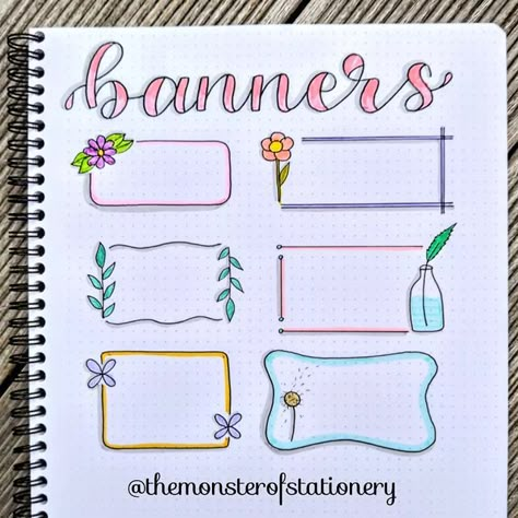 Ideas For Decorating Notebooks, Bullet Journal Banners Headers, Journaling Banners, Page Corner Designs, Title Box Design, Headings Design, Side Border Design For Project, Banner Ideas Design, Banners Drawing