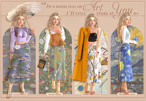 Sims 4 cc lookbook Sims 4 Cc Artist Clothes, Sims 4 Artist Clothes, Sims 4 Cc Lookbook, Artist Clothes, Ts4 Lookbook, Cc Lookbook, Art Skirt, Sims Lookbook, Sims Clothes