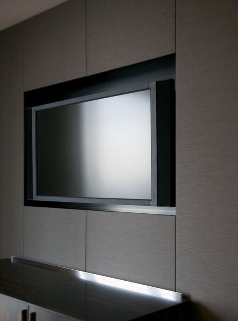 Site built fabric wall system around plasma screen. Kvadrat fabric Closet Con Tv, Tv Niche, Tv Zone, Tv Wall Panel, Fabric Wall Panels, Buffet Tv, Tech Room, Home Theater Room Design, Theater Room Design