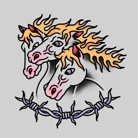 Traditional Carebear Tattoo, Pharos Horses Tattoo Traditional, Three Horses Tattoo Traditional, New School Horse Tattoo, Three Horses Tattoo, 3 Horses Tattoo, Trad Horse Tattoo, American Traditional Horse Tattoo, Old School Horse Tattoo