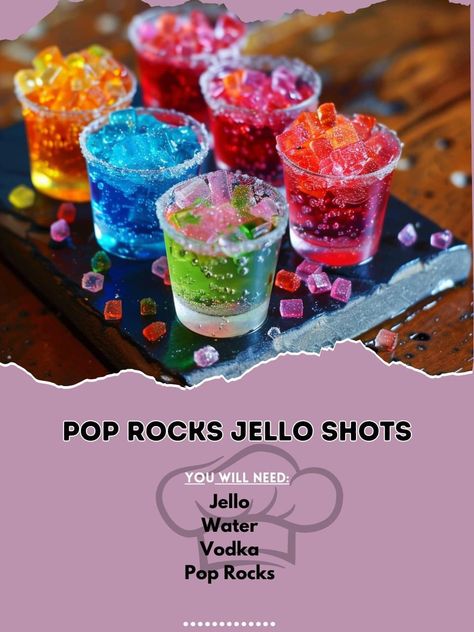 🎇 Electrify your party with POP ROCKS Jello Shots! Fun, fizzy, and fabulous! #PartyTime  🍽️ POP ROCKS Jello Shots  🛒 Ingredients:  Jello (any flavor): 1 packet Water: 1 cup (boiling), 1 cup (cold) Vodka: 1 cup Pop Rocks: several packets 👩‍🍳 Instructions:  Dissolve: Jello in boiling water, stir in cold water and vodka. Pour: Into shot cups. Chill: Refrigerate until set. Top: Sprinkle Pop Rocks on top before serving. 🌟 Spark up your celebrations with these explosive shots! Guaranteed to pop at any party! 🎉💥 #FunDrinks #JelloShots ￼ Pop Rocks Jello Shot Recipes, Pop Rock Jello Shots, Pop Rocks Jello Shots, Alcohol Snacks, Pop Rocks Candy, Halloween Jello Shots, Boozy Treats, February Quotes, Party Drinks Alcohol