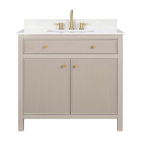 allen + roth Sandbanks 36-in Greige Undermount Single Sink Bathroom Vanity with White Engineered Stone Top in the Bathroom Vanities with Tops department at Lowes.com Allen Roth Vanity, Greige Vanity, Half Bathroom Vanity, Half Bath Vanity Ideas, Lowes Vanity, Brushed Gold Fixtures, Half Bath Vanity, Half Bath Design, Taupe Bathroom