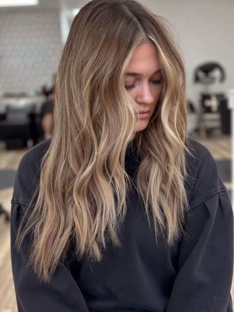 Warm blonde balayage Light Brown With Balayage Blonde, Blonde Balayage Dark Blonde, Bronde Balayage Low Maintenance, Full Balayage Honey Blonde, Sand Bronde Balayage, Brunette With Babylights Balayage, Light Brown Base Balayage, Soft Dark Blonde Balayage, Low Lights Balayage Blonde