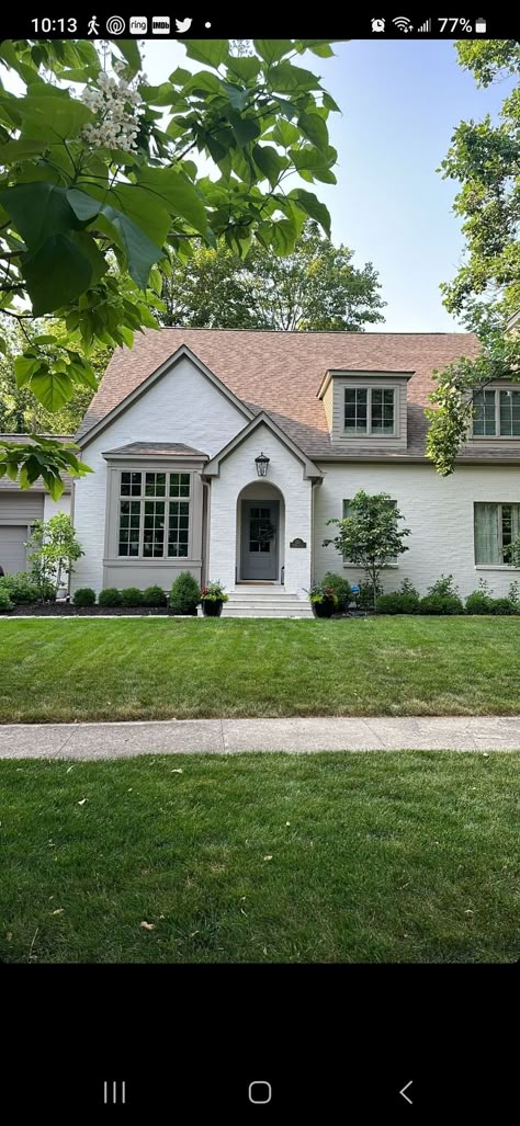 White Exterior Rambler House, Rambler Exterior Makeover, Charming Ranch Exterior, Rancher Update Exterior, Portico On Ranch House, Portico Ranch House, Basic Ranch Exterior, Modern Farmhouse Home, Foundation Planting