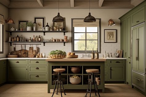 Calke Green Kitchen, Rustic Kitchen Green, Green Farm Kitchen, Green Beige Kitchen, Tiny Home Green Kitchen, Cozy Kitchen Cottage Green, Kitchen Cupboard Colours, Olive Green Kitchen, Mediterranean Kitchen Design