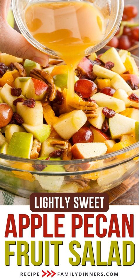 Delicious apple fruit salad with warm fall spice dressing. This easy fruit salad is perfect for Thanksgiving or Christmas. If you have been looking for a lighter and healthier holiday side dish, then this Thanksgiving fruit salad is the perfect recipe for you. It combines crunchy apples, sweet grapes, tangy oranges, dried cranberries and toasted nuts for the most delicious fruit medley. A sweet and citrusy dressing with just the right hint of warming spices makes this fruit salad out of this wor Easy Apple Salad, Apple Fruit Salad, Holiday Fruit Salad, Thanksgiving Fruit Salad, Easy Fruit Salad, Thanksgiving Fruit, Easy Fruit Salad Recipes, Fruit Medley, Apple Salad Recipes