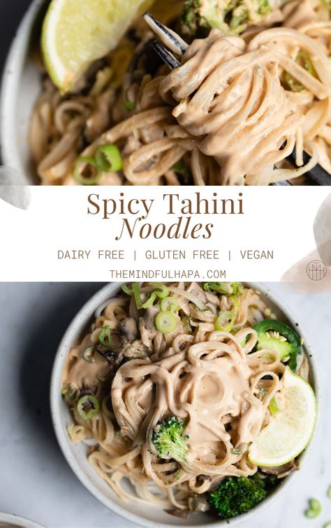 Spicy Tahini Sauce, Mushrooms And Broccoli, Rice Noodles Recipe, Pasta Photography, Rice Noodle Recipes, Sautéed Onions, Spring Recipe, Vegan Rice, Rice Recipes For Dinner