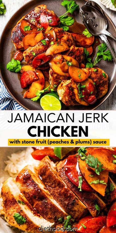 Make Jamaican jerk chicken rubbed with sweet, smoky homemade jerk seasoning, topped with saucy peaches and plums. An easy 30-minute meal! #jamaicanjerkchicken #jerkseasoning #quickdinneridea Easy Jerk Chicken, Easy Jerk Chicken Recipe, Diethood Recipes, Baked Jerk Chicken, Peaches And Plums, Jerk Chicken Recipe, Jamaican Jerk Chicken, 30 Minute Meals Easy, Chicken Rub