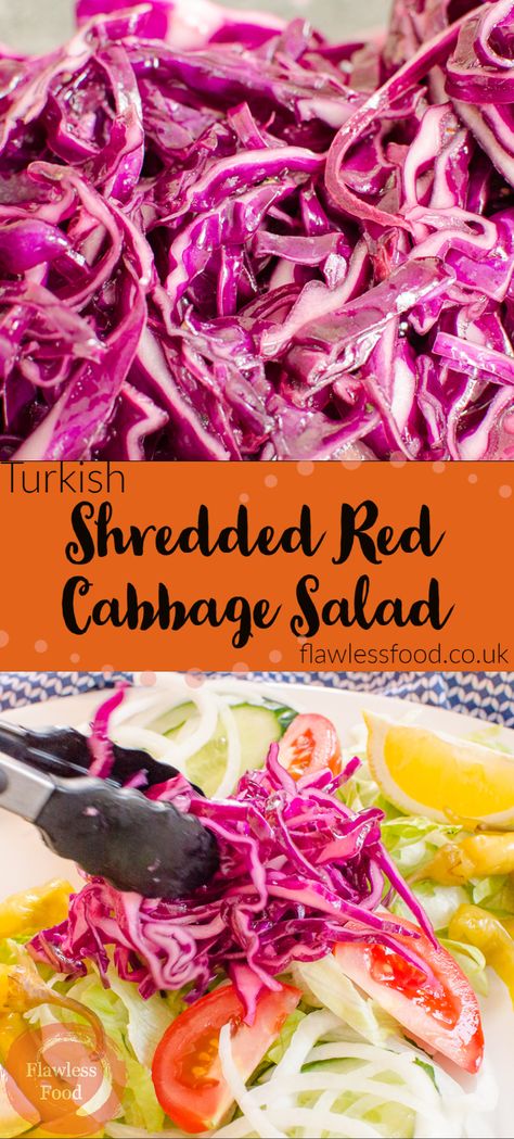 Kebabs are not complete without a delicious shredded red cabbage with salad on the side. This simple recipe shows you how easy it is to create shredded red cabbage just like you would get from a Turkish kebab takeaway shop. Try with Lamb Shish, Chicken, or Donner Kebab. #turkish #kebabsalad Kebab Sides Dishes, Turkish Cabbage Salad, Turkish Chicken Kebab Recipe, Kebab Takeaway, Kebab Salad, Donner Kebab, Turkish Vegetables, Takeaway Shop, Turkish Kebab