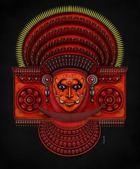 Kerala Culture Art, Theyyam Sketch, Theyyam Aesthetic, Theyyam Art Drawing, Theyyam Tattoo Designs, Muthappan Theyyam Painting, Muthappan Drawing, Theyyam Wallpaper, Muthappan Theyyam