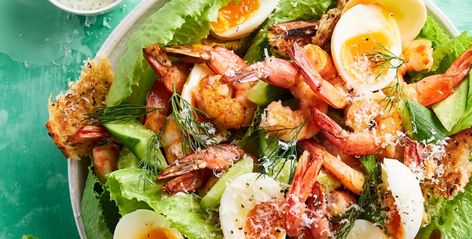 Healthier Prawn Caesar Salad Recipe | Woolworths Prawn Salad, Caesar Salad Recipe, Dill Sauce, Buying Groceries, Caesar Salad, Skinless Chicken Breast, Sourdough Bread, Salad Recipe, Serving Platters