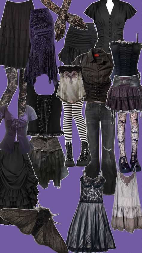 Rochelle The Craft Outfits, Goth Outfits Purple, Moth Inspired Outfit, Mopey Goth Outfits, Whimsygoth Clothes, Whismgoth Outfits, Moth Outfit, Mopey Goth, Witchcore Aesthetic Outfits