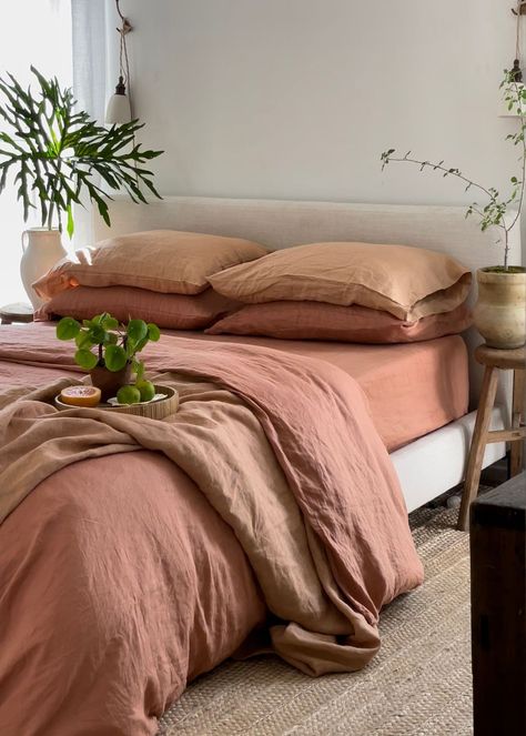 The 8 Linen Colour Combinations That Have Gone Viral – Bed Threads Mauve Linen Bedding, Simple Shabby Chic Bedrooms, Mauve Bedding Bedroom, Terracotta And Pink Bedroom, Orange And Pink Bedding, Terracotta Sheets, Clay Bedding, Dusty Rose Bedding, Terracotta Bedding