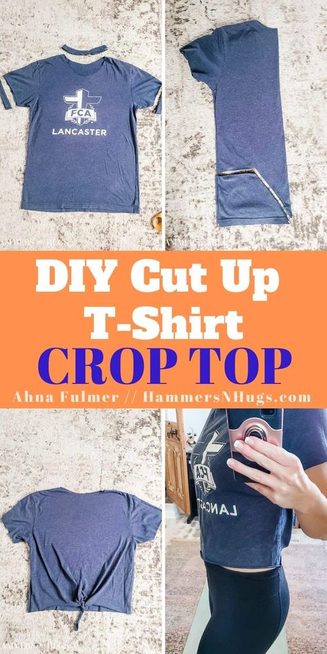 How To Rip Tshirts, How To Turn A Big Tshirt Into A Crop Top, Diy Loose Crop Top From T Shirt, Crop Top Tshirt Designs, Diy Cut Off Tee Shirt, Making A Tshirt Cute, Turn Old Tshirt Into Crop Top, T Shirt Tank Top Diy, Cropping A Tshirt Diy