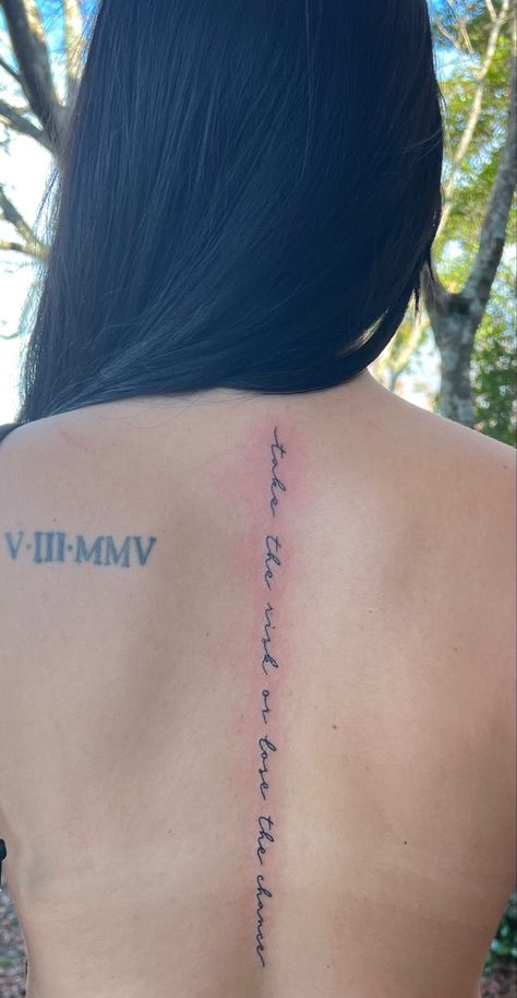 Spine Tattoo Writing, Tattoos Spine, Spine Tattoo Quotes, Back Tattoo Women Spine, Back Tattoos Spine, Feminine Back Tattoos, Tattoo Writing, Spinal Tattoo, Inspiring Quote Tattoos