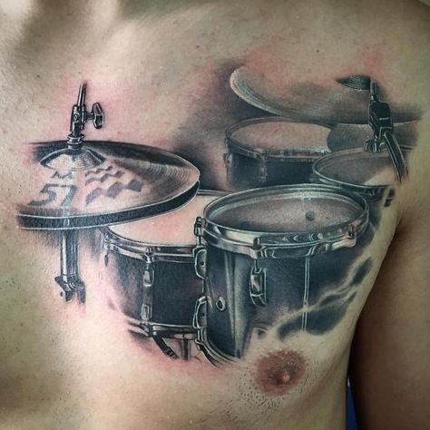 Realistic drum set black and grey by Yarda: TattooNOW : Drum Set Tattoo, Drummer Tattoo, Musician Tattoo, Drum Tattoo, Set Tattoo, Tatuagem Masculina Pequena, Tattoo Pictures, Music Tattoo Designs, Music Tattoo