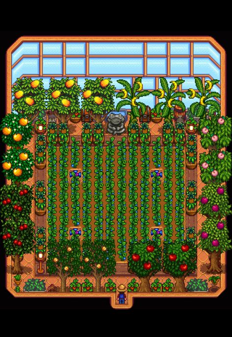 stardew valley greenhouse decoration layout ideas plant crops hack cozy game indie Stardew Inspiration, Stardew Valley Greenhouse, Stardew Farms, Stardew Valley Layout, Stardew Valley Tips, Stardew Valley Farms, Green House Design, Valley Green, Farm Layout