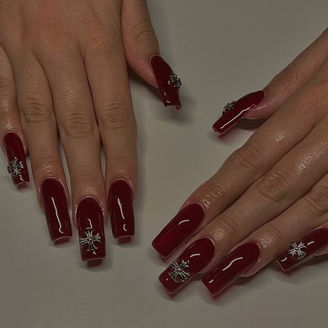 Red Douyin Nails, Vampy Nails, Deep Red Nails, Cross Nails, Red Nail Art, Red Acrylic Nails, Cherry Nails, Edgy Nails, Long Acrylic Nails Coffin