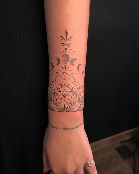 Mandala Arm Tattoos For Women, Bohemian Tattoos For Women, Forearm Mandala Tattoo, Arm Tattoos For Women Forearm, Mandala Arm Tattoos, Inner Elbow Tattoos, Arm Wrap Tattoo, Mandala Wrist Tattoo, Wrap Around Wrist Tattoos