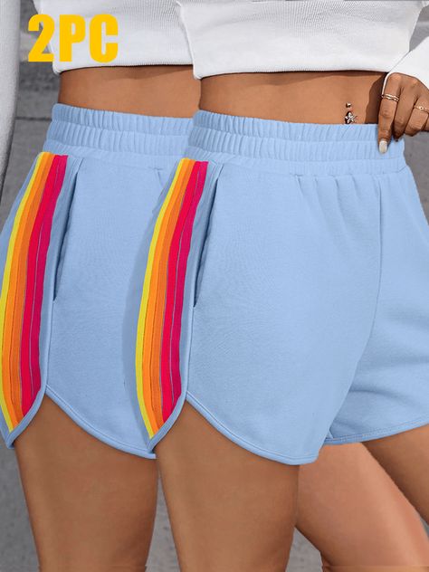 2PC Bonbon Color Block Stripes Elastic High Waist Active Shorts Blue Casual   Fabric Striped,Rainbow Stripe Track Shorts Slight Stretch  Women Clothing, size features are:Bust: ,Length: ,Sleeve Length: Track Shorts, Active Shorts, Rainbow Stripes, Color Block, Womens Bottoms, Women Clothing, High Waist, Track, Stripes