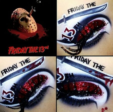 Friday the 13th scary Friday The 13th Eye Makeup, Jason Voorhees Makeup, Jason Makeup, Halloween Makeuo, Fantasy Eyes Art, Friday The 13th Tattoo, Crystal Tattoo, Movie Makeup, Horror Makeup