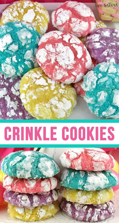 Springtime Crinkle Cookies - light and fluffy on the inside - sweet and crunchy on the outside with a hint of lemon flavor. A yummy homemade Crinkle Cookie recipe that is not made from a cake mix. This fun and easy Easter Treat would be a great Easter dessert idea. Pin this easy Spring cookie recipe for later and follow us for more great Easter Food ideas. #SpringCookies #EasterDesserts #EasterTreats #CrinkleCookies Cookies Crinkle, Easter Food Ideas, Easy Easter Cookies, Easter Cookie Recipes, Easy Easter Treats, Cookies Light, Crinkle Cookies Recipe, Lemon Crinkle Cookies, Spring Baking