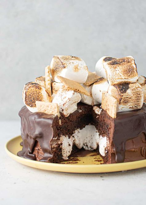 Easy Chocolate S'mores Cake - www.thescranline.com S'mores Cake Recipe, Smore Cake, Infused Chocolate, Chocolate Smores, Smores Cake, Chocolate Torte, Cake Frosting Recipe, Surprise Cake, Small Cakes