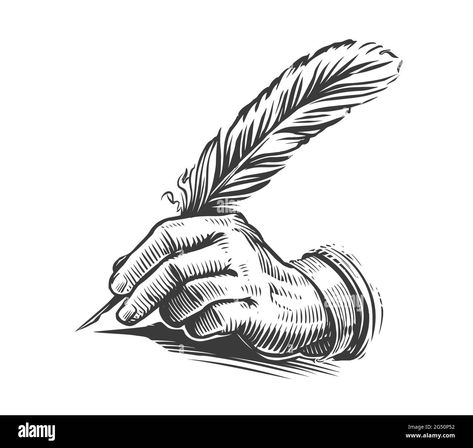 Download this stock vector: Hand writing with a feather. Illustration drawn in vintage engraving style - 2G50P52 from Alamy's library of millions of high resolution stock photos, illustrations and vectors. Feather Ink Pen, Happy Prince, Feather Illustration, Woodcut Print, Feather Pen, Pen Illustration, Person Drawing, Hand Writing, Woodcuts Prints