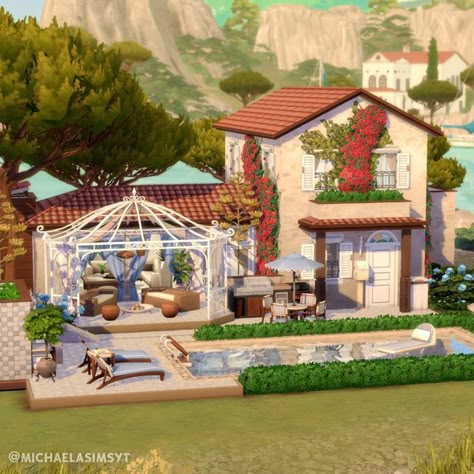 Michaela Sims | Sims 4 Builder ✨🇨🇿 on Instagram: "#EAPartner | Spanish Riviera Villa ❤️ A small riviera home for a family of 3 sims with plenty of outdoor hangout space and a small pool! I used a lot of the items from the new #TheSims4RivieraRetreat kit, which I am absolutely in love with!  ❤️ Tartosa ❤️ 20x20 ❤️ $95,000  ❤️ Origin ID: michaelasimsyt ❤️ Speed build on my YT channel, link in bio ________________ 🏷  the sims 4 | the sims 4 house | the sims 4 ideas | sims 4 speedbuild | sims 4 exterior  Game: @thesims | #EACreatorNetwork #thesims #thesims4 #sims4 #showusyourbuilds #ts4 #sims4build #simstagram #simsbuild" Sims 4 Exterior, Sims 4 Ideas, Outdoor Hangout, Sims 4 Restaurant, Sims 4 House, The Sims 4 Lots, Sims 4 House Plans, Sims 4 House Building, Suburban House