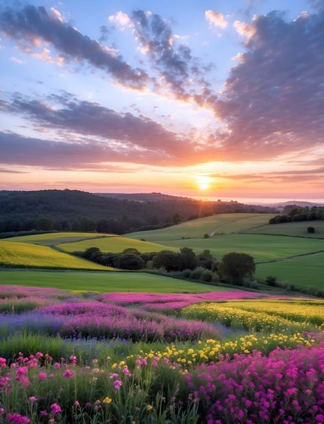 Senery Pic Landscape, Landscape Photography Aesthetic, Pretty Landscape Pictures, Spring Landscape Photography, Landscape With Flowers, Valley Of Flowers, Dreamy Photography, Watercolor Projects, Field Of Flowers