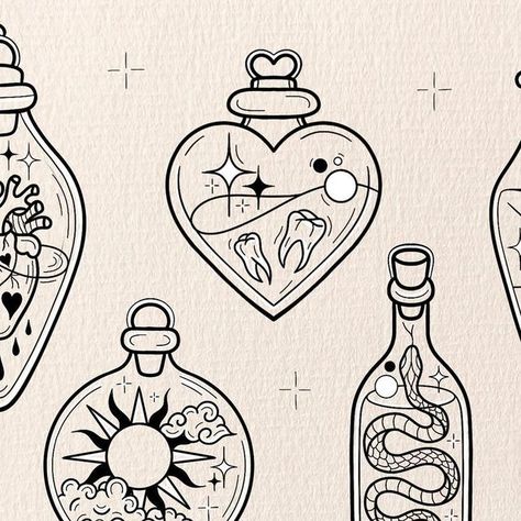 Amy Baxter on Instagram: "Repeatable potion bottles ✨ Taking bookings for January 2024🌞 Dm me to book in- all of my booking information is in my story highlights! #tattoo #leedstattoo" Matching Potion Tattoos, Heart Potion Bottle Tattoo, Easy Witchy Drawings, Potion Bottle Tattoo Design, Love Potion Tattoo, Potion Bottles Drawing, Potion Drawing, Book Aesthetic Sticker, Potion Bottle Tattoo