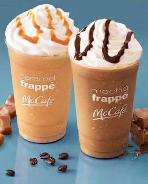 Frappe Recipe Mcdonalds, Mcdonalds Caramel Frappe, Mcdonalds Mocha Frappe, Caramel Frappe Recipe, Keurig Recipes, Mocha Frappe Recipe, Caramel Frappe, Mcdonalds Coffee, Homemade Frappuccino