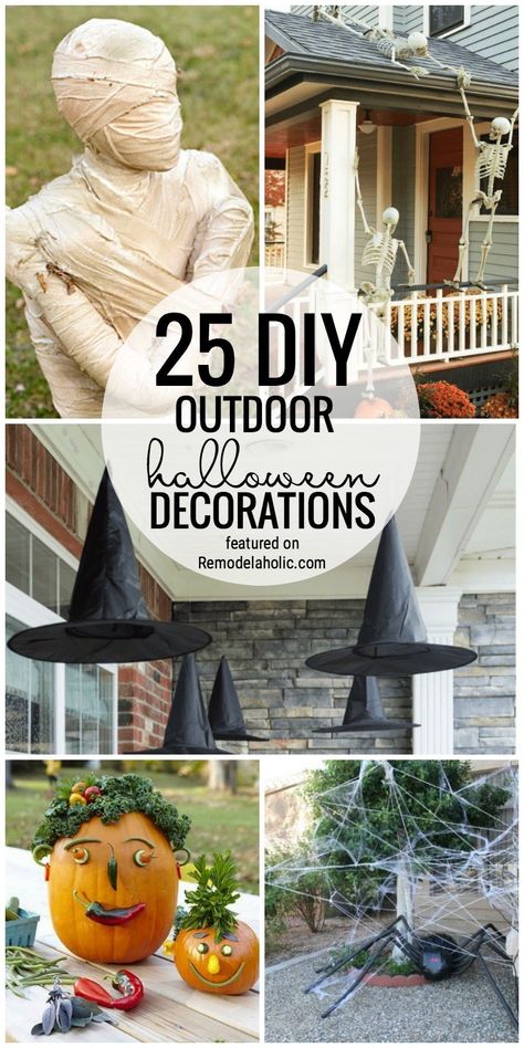 Scare your neighbors with these fantastic and creepy DIY outdoor Halloween decoration ideas. We are sharing 25 of our favorites from witches, to mummies, to spiders and more. Find these and more ideas for outdoor Halloween Decor featured on Remodelaholic.com #halloweendecor #outdoorhalloweendecorations #halloween Recycled Halloween Decorations, Mummy Halloween Decor Outdoor, Mummy Outdoor Decorations, Mummy Halloween Decor, Halloween Decorations Outdoor 90s, Diy Outdoor Halloween Decorations, Creepy Diy, Outdoor Witch, Mummy Decorations