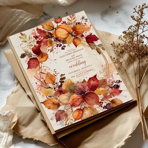 Boho Floral Pumpkin Scrip Wedding Invitation Pumpkin Wedding Invitations, Fall Wedding Invites, Autumn Wedding Invitations, Fall Invitations, Rustic Autumn Wedding, Art Nouveau Wedding Invitation, Fall Leaf Wedding, Art Nouveau Weddings, Rustic Wedding Invitations