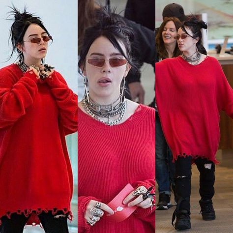 WHY HAVE I NOT SEEN MORE PICS OF THIS OUTFIT?? ITS SO GOOD Red Sweater, Red Sweaters, Billie Eilish, Red