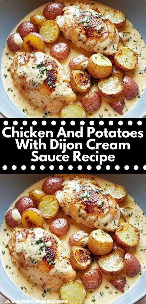 This Chicken and Potatoes with Dijon Cream Sauce is an easy-to-make dish that combines tender chicken, hearty potatoes, and a smooth, flavorful sauce, ideal for a cozy family dinner. Dijon Cream Sauce Chicken, Creamy Dijon Chicken And Potatoes, Dijon Chicken And Potatoes, Creamy Dijon Chicken, Creamy Dijon Sauce, Dijon Chicken Recipes, Cream Chicken Recipes, Dijon Cream Sauce, Baby Potato Recipes