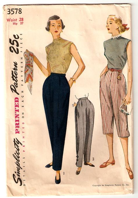 1950s Casual, Fashion 60s, Simplicity Patterns Vintage, 1950s Sewing Patterns, Retro Sewing Patterns, Vintage Fashion 1950s, Slacks For Women, Pedal Pushers, Design Moda