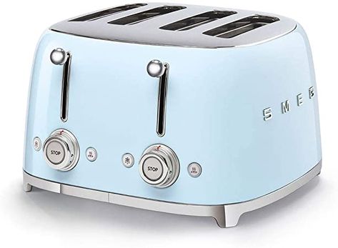 Smeg TSF03PBUK Retro 4 Slice Toaster, 4 Extra-Wide Slots, 6 Browning Levels, Automatic Pop-Up, Removable Crumb Trays, Reheat and Defrost Buttons, Anti Slip Feet, 2000 W, Pastel Blue: Amazon.co.uk: Kitchen & Home Blue Toaster, Smeg Toaster, 4 Slice Toaster, Kettle And Toaster Set, Seafoam Blue, Kettle And Toaster, 50's Style, Retro 4, 50 Style