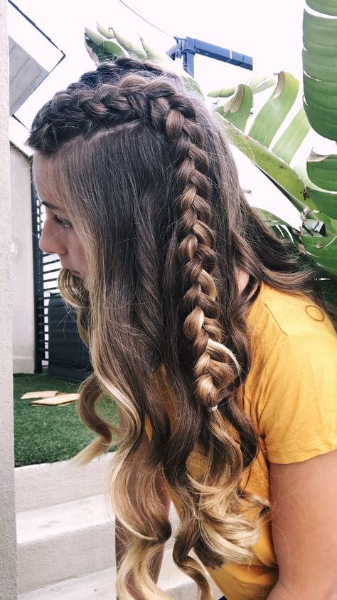 Senior Picture Hairstyles Braids, Hair For Dancing, Two Dutch Braids Half Up Half Down, Dutch Braid Half Up Half Down, Hair With Braids And Curls, Conformation Hairstyles, Pretty Hair Styles, Dutch Braid Half Up, Braid Half Up Half Down