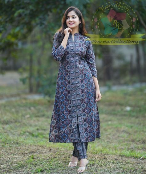 Pure Silk Suit Designs Indian Latest, Suit With Collar Neck, Kurti Set Designs Latest Cotton, Cotton Ajrakh Kurti, Pure Silk Dress Design, Per Kurti Design, Neck Design For Kurta For Women, Ajrakh Kurta Designs Latest, Ajrakh Print Kurti Design