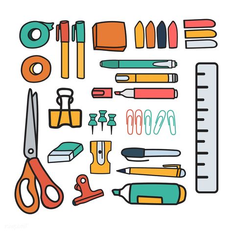 Vector set of stationery doodle style | free image by rawpixel.com Gacha Props, Barbie Paper Dolls, Papercraft Printable, Props Art, Drawing Examples, Doodle Icon, Doodle Style, Drawing Wallpaper, Doodle Illustration