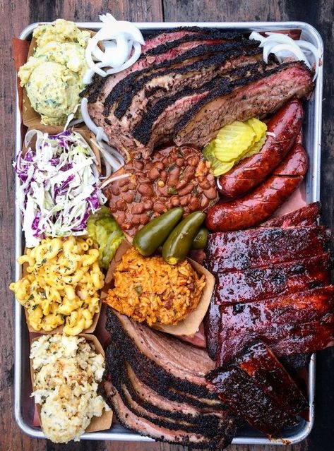 Houston & San Antonio, Texas. Come And Eat It® Bbq Restaurant Design, Barbecue Party Food, Satisfying Pics, Mexican Restaurant Design, Basic Muffin Recipe, Bbq Platter, Bbq Tray, Bbq Dishes, Texas Bbq