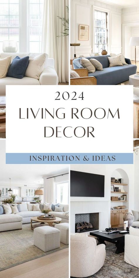 Living room decor trends for 2024 - what designers and homeowners love! Includes organic modern spaces, coastal design and transitional style. Neutral And Navy Living Room, French Blue Living Room Decorating Ideas, White Living Room Ideas Modern, Lounge Area In Living Room, Living Room With Blue Accents, Model Homes Interiors Photo Galleries, Living Room Trends 2024, 2024 Living Room, 2024 Living Room Decor Trends