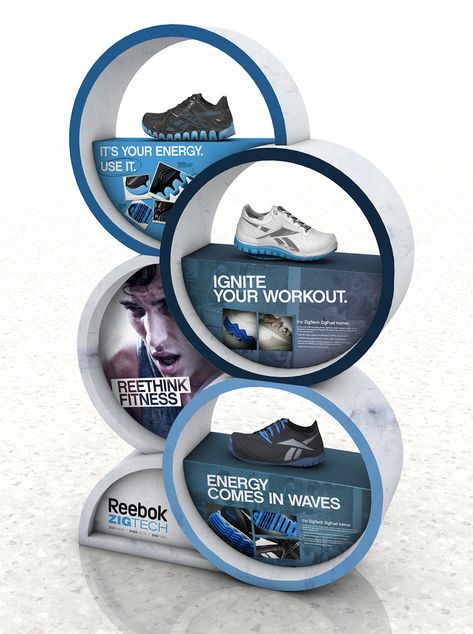 In-store displays for Reebok's ZigTech brand Display Design Exhibition Products, Shoes Display, Module Design, Pos Design, Retail Design Display, Point Of Sale Display, Pos Display, Retail Inspiration, Stall Designs