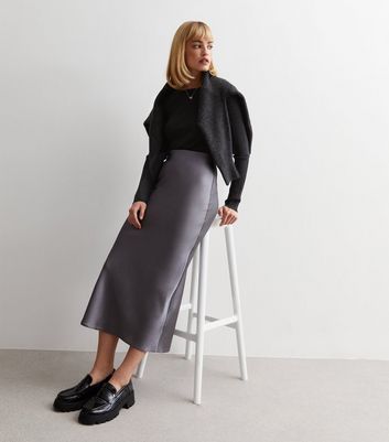 Satin Skirt Grey, Silk Grey Skirt Outfit, Grey Satin Dress Outfit, Grey Slip Skirt Outfit, Grey Monochrome Outfit, Grey Silk Skirt Outfit, Satin Skirt Formal Outfit, Gray Satin Skirt Outfit, Dark Grey Skirt Outfit