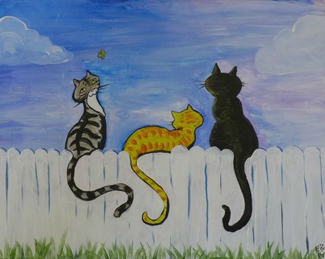 Cats in Summer Cat On Fence Painting, Fence Drawing, Sitting On Fence, Fence Painting, Cat Fence, Board Painting, Painting Cat, Fence Art, Fence Paint