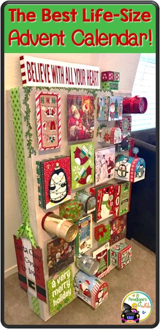 Create a life-sized holiday advent calendar with an old TV box and dollar store supplies! http://www.penelopesportfolio.com/2017/11/how-to-create-life-size-advent-calendar.html  #chrismtasadventcalendar  #adventcalendar Grinch Advent Calendar Diy, Christmas Games For Kids Party, Christmas Games For Parties, Grinch Advent Calendar, Baby Advent Calendar, Games For Kids Party, Games For Parties, Make An Advent Calendar, Advent Calendar Fillers