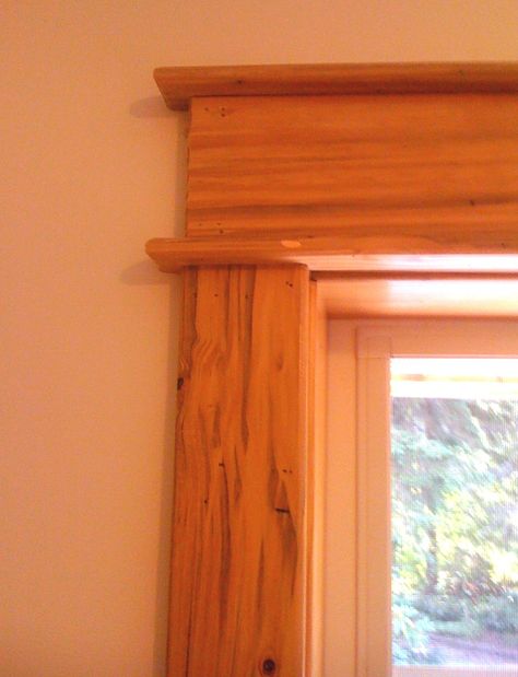 Easy window and door trim. 2x1 pine boards. Easy with a great finished result. Pine Window Trim, Pine Trim Interior, Trim Molding Ideas, Window And Door Trim, Baseboard Ideas, Cabin Addition, Knotty Pine Doors, Farmhouse Trim, Pine Trim