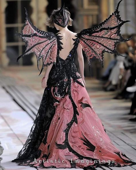 Black Dress With Wings, Dragon Core Outfits, Dragon Inspired Dress, Dragon Inspired Outfits, Cloak Aesthetic, Fae Ball, Prom Dress Inspo, Fairytale Fashion, Fantasy Dresses