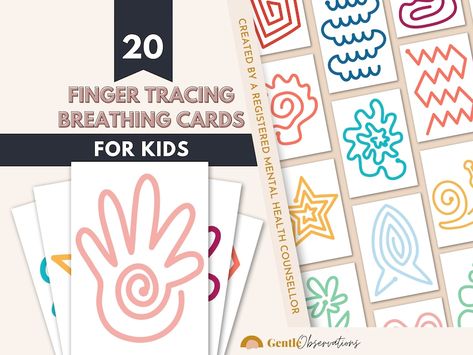 20 Finger Tracing Meditation Flashcards for Instant Download. This printable helps young children to self-regulate by slowly tracing their fingers along the line while practicing deep breathing. It’s the perfect tool for calm-down corners or transitioning from one lesson to the next. Calm Down Cards, Breathing Cards, Play Therapy Activities, Kids Coping Skills, Sensory Wall, Calm Down Corner, Deep Breathing, Calming Activities, Cards For Kids